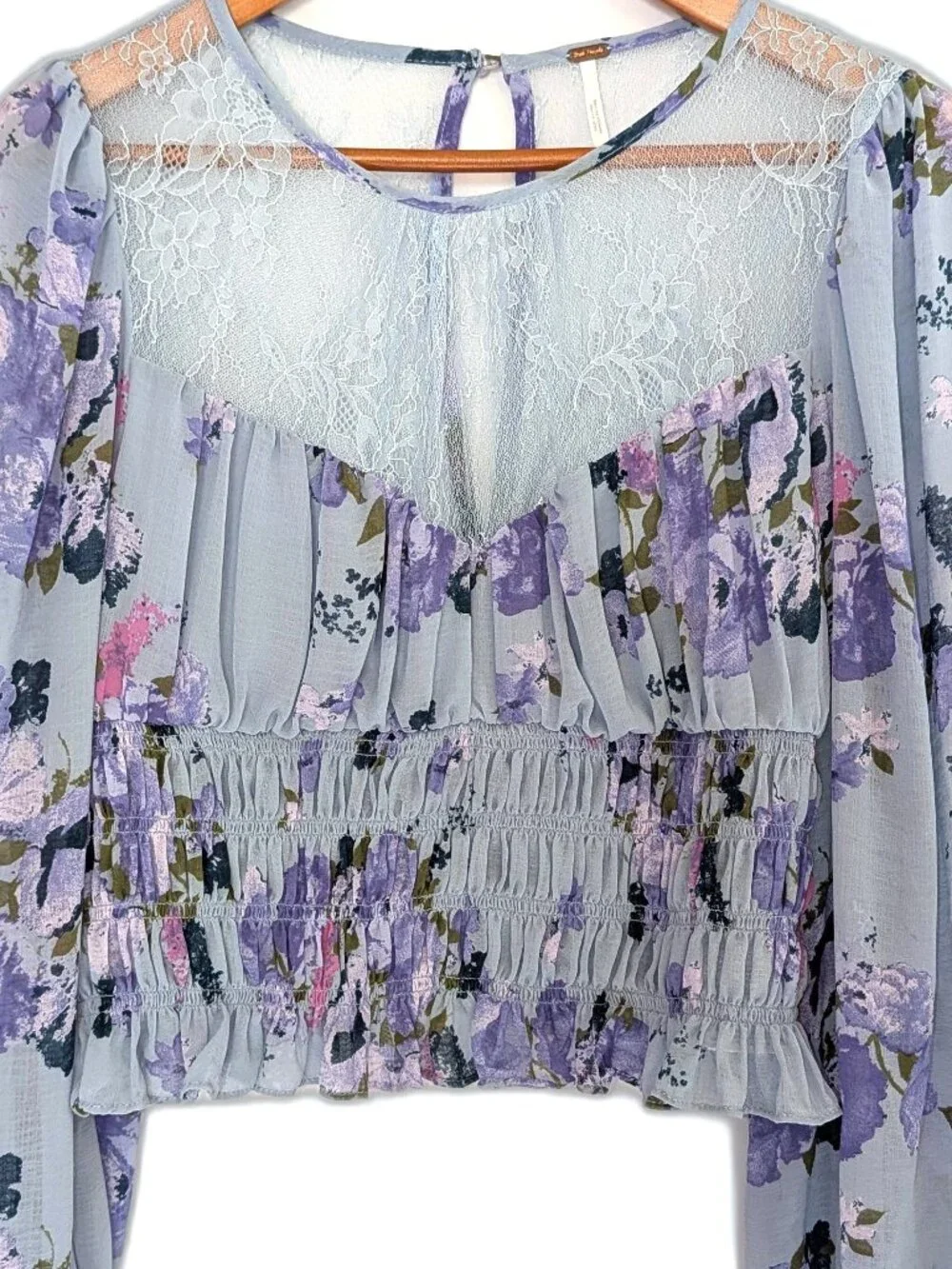 Free People | Daphne Smocked Blouse Blue Floral & Sheer Lace	| Size Medium